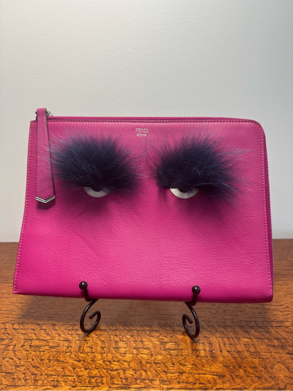 Fendi Monster Bag Bugs Leather Clutch/Pouch  with Black Fur-Eye Appliqués w/COA
